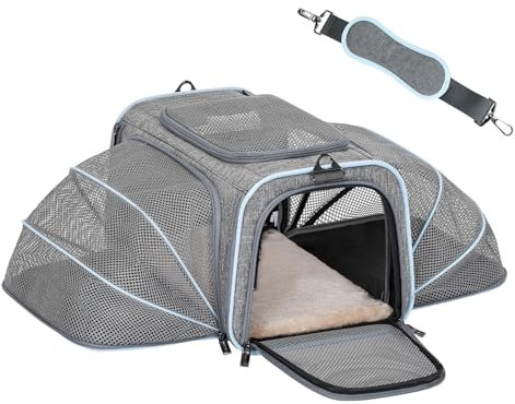 Petsfit Faltbarer Transporttasche Katze und Hund,erweiterbare Katzentransportbox mit Schultergurt Hundetragetasche Flugtasche Oxford Gewebe für Katze und Hund, S/Grau/Doppelseitig
