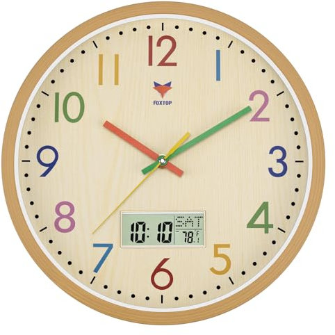 Foxtop Orologio da parete per bambini, silenzioso, silenzioso, per bambini, colorato, per ragazzi, ragazze, camera da letto, cucina, soggiorno, scuola, 30 cm