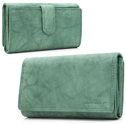 ekavale Damen-geldbörse XXL aus Rindsleder mit RFID Leder-Geldbörse mit vielen Fächern für Frau (Antik-Seegrün)