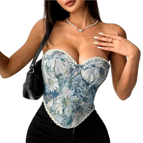 Shyllin Corset Mujer, Corpiños Mujer con Estampado Floral Retro Vintage, Corset Medieval Bustier Sexy, Corsé Medieval Elegante (FR/ES, Letras, S, Regular, Regular, Azul)