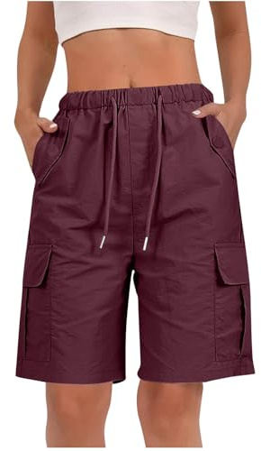 RLEHJN Cargo Shorts Women UK Sale Clearance, Ladies Bermuda Shorts Baggy Short Cargo Pants with Multiple Pockets Summer Drawstring Elasticated Waist Half Pants for Outdoor Hiking Work Travel Golf