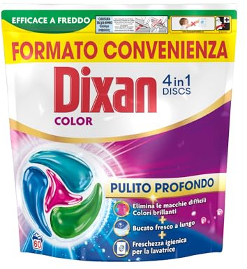 Dixan DISCS 4in1 Color Detersivo Lavatrice, 60 Lavaggi, Capsule lavatrice per colori vivaci, pulizia profonda del bucato e freschezza igienica per la lavatrice, Rimuove le macchie da 20°C