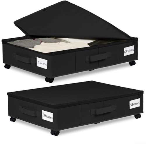 Caja de almacenamiento plegable para debajo de la cama, con ruedas, organizador de tela Oxford 600D a prueba de polvo, para ropa, zapatos, juguetes y artículos del hogar (tamaño pequeño negro)