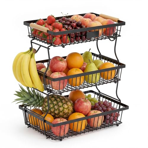 Eulihent Fruteros De Cocina Frutero 3 Pisos con 2 Soportes para Plátanos, Cesta para Almacenar Frutas, Cebollas, Patatas, Pan, Aperitivos y Verduras (Negro)