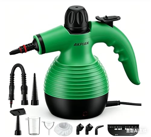 AKPIAN Pulitore a vapore a mano, 1050 W, arma miracolosa senza sostanze chimiche contro grasso, calcare e batteri, set di 10 accessori per fughe, fornelli, finestre, bagno, auto e tappezzeria