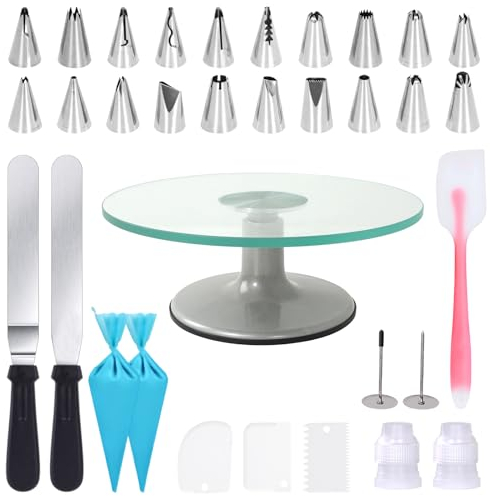 Uten Plato Giratorio para Tartas 12 Pulgadas Plato Giratorio para Pasteles de Vidrio，Kits de Decoración de Tartas con Boquilla, Espátula para Glaseado, Espátula para Crema de Mantequilla (33 Piezas)