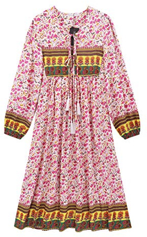 R.Vivimos Donna Casual Bohemian Stampa Collo Cravatta Manica Lunga Stile Spiaggia Abito Midi Lungo Vocazione(S,WhitePink#3)