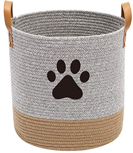Xbopetda Round Cotton Rope Storage Basket, Dog Toys Storage Bins with Leather Handle, Laundry Basket Toy Storage Organizer (Grey/Khaki