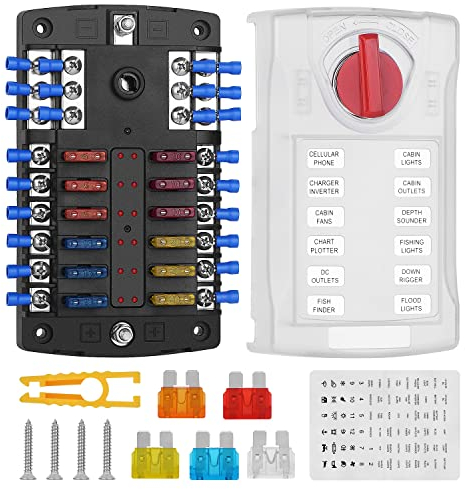 Jtron 12 fach Autosicherungskasten 12v mit Sicherung ATC/ATO Blade Sicherungshalter LED Kontrollleuchte Kunststoffabdeckung für Auto Car Boat Marine RV