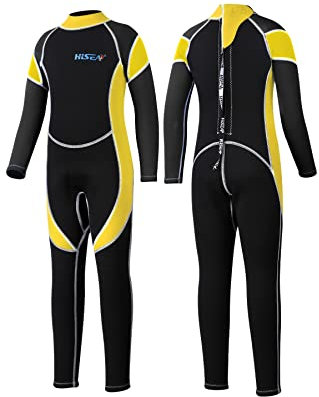 Yikayin Neoprenanzug Kinder Lang, 2.5mm Neoprenanzug Jungen Mädchen Rücken-Reißverschluss, Neopren Kinder Thermo zum Schwimmen, Tauchen, Schnorcheln, Surfen, SUP - Gelb XL