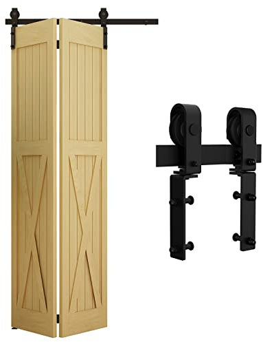 WOLFBIRD 152CM/5FT Bifold Schiebetürbeschlag Schiebetürsystem Schiebetür Komplettset Schwarz für 2 Holztür 74cm Breit