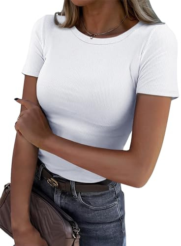 Roselux Women Crew Neck Ribbed Fitted Tight Tshirt Short Sleeve Shirt Basic Knit Top(3695,White-M)