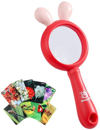 Lente d'ingrandimento per bambini, 20 x grande, portatile, con 24 schede, per lettura, osservazione, scuola, strumento scientifico, ispezione insetti (rosso)