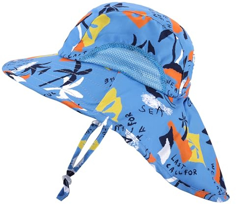 Kids Sun Hat UPF 50+ Sun Protection Bucket Hat Toddler Beach Hats Wide Brim Neck Flap Fishing Hat for Girl Boy,Blue Beach 6-10 Years