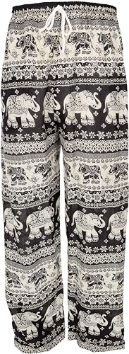 GURU SHOP Leichte Yoga Hose, Tai Chi Hose, Sommerhose mit Elefantendruck - Schwarz, Herren, Synthetisch, Size:XL