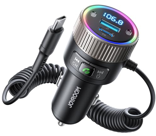 JOYROOM 2025 Neueste 5.4 Bluetooth Adapter Auto 60W [PD 30W & USB-C Spiralkabel 30W] FM Transmitter für Auto Hi-Fi Musikplayer, Freisprecheinrichtung, Dual-Mikrofon, LED-Licht, U-Disk
