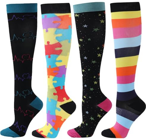 BISOUSOX 15-20 mmHg Kniehohe Kompressionsstrümpfe Damen Herren 4 Paare Sport Laufen Kompressionsstrümpfe Stützkniestrümpfe Damen Fashion Fahrradsocken Geschenk für Männer Frauen Schwangerschaft