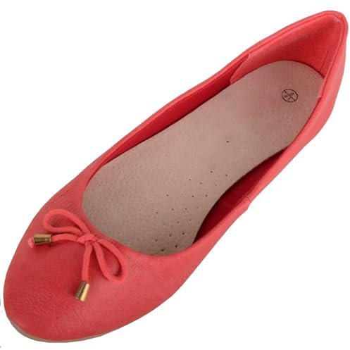 Womens Slip On Genuine Leather Formal Casual Pumps Ballerina Style Shoes - Red - UK 6