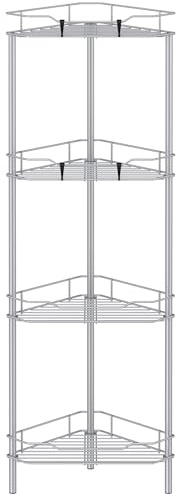 HuggieGems 4 Tier Floor Standing Corner Shower Caddy Organizer Shelf with Hooks, Bathroom Shelves Stand Rack, Silver