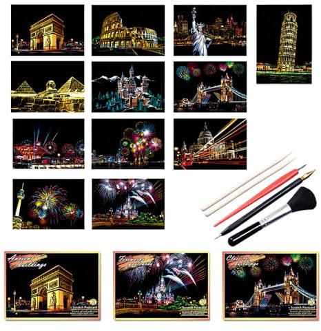 12 Stück Kratzkunst-Papier, Regenbogen-Malerei, Skizze, Stadt-Serie, Nacht, Kunst, Handwerk, Kratzbrett für Erwachsene und Kinder, mit 5 Werkzeugen.