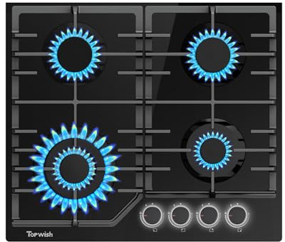 Gaskochfeld, gaskochfeld 4 flammig, herdplatte 4 kochfelder gas, einbau gaskochfeld mit weiße beleuchteter Drehknopf, NG/LPG Konvertierbar, Flammabriss Schutz, Zündautomatik, 8000W, 60CM Topwish