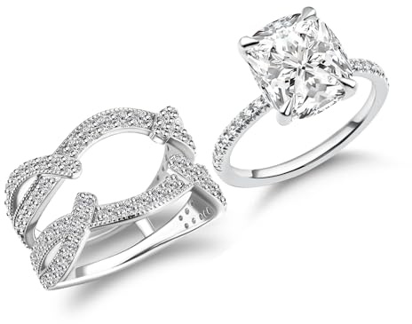 RODIFFY 3.5ct Wedding Rings Set for Women,925 Sterling Silver AAAAA CZ Gemstone Vintage Marquise Cut Engagement Ring Sets with Insert Wedding Ring for Travel,Daily,Proposal,Birthday (4CT, Cushion, 7)