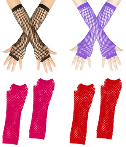 4 par näthandskar, långa fisknät, fingerlösa handskar, näthandskar för kvinnor med strass, fisknät, glänsande, fashionabla operahandskar för 80-talet, kostymfest, halloween, cosplay tillbehör