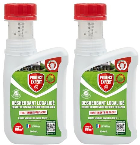 PROTECT EXPERT 2 Désherbants Concentrés Localisés Contre Les Mauvaises Herbes Du Gazon - 2x200ml - Soit 176m² - Non Sélectif - 2 Bidons Doseurs DG200NX2