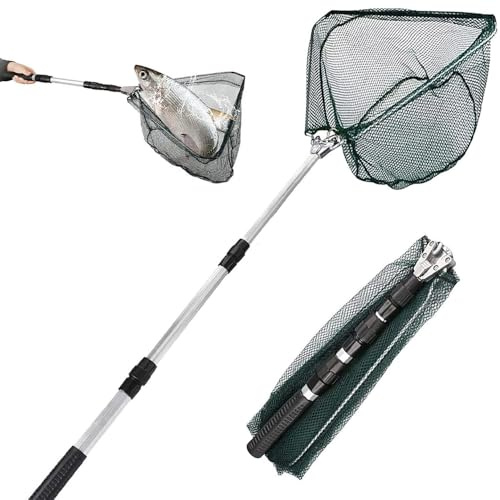 Kescher Angeln, 130cm Teleskop Käscher Angelrute mit Langem Griff, Faltbare Gummierter Angelkescher, Karpfenkescher Angel Kescher Teich für Erwachsene und Kinder