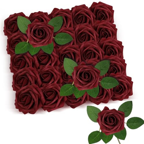saerryor 25Pcs Red Artificial Roses Flowers Fake Roses Foam Rose Heads with Stems Real Touch Artificial Flowers for Wedding Bridal Bouquets Cake Decorations Table Centerpieces Anniversary Party DIY