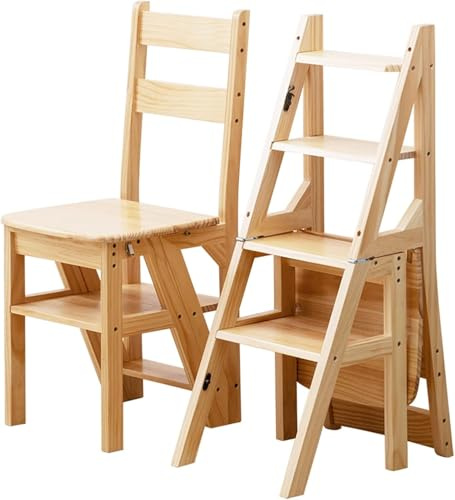 Escalera plegable de madera maciza, taburete de 4 escalones, escalera de doble propósito, taburete multifuncional de 4 niveles, soporte decorativo para plantas, diseño que ahorra espacio