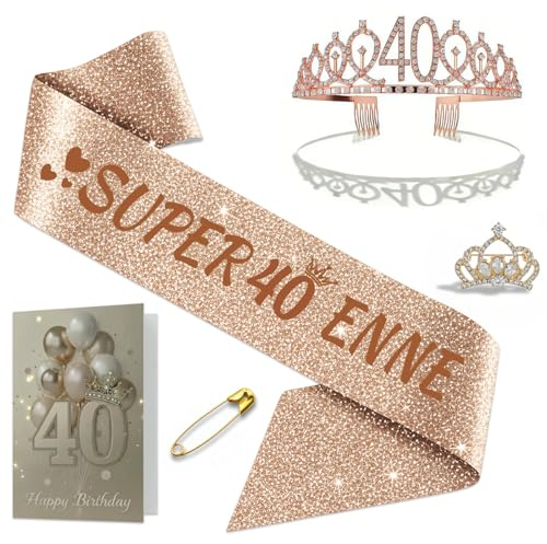 NEONSKY Fascia Compleanno Donna con Corona e Spilla Mini Corona, Set Regalo Elegante per 18 21 30 40 50 60 70 80 Anni, Include Fascia Personalizzata, Corona, Biglietto con Busta Kraft (40 anni)