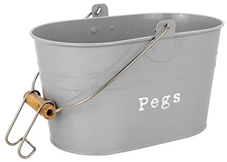 Harbour Housewares Industrial Laundry Peg Bucket - Grey - Vintage Steel Storage Tub with Wooden Grip Handle & Hook - Retro Clothes Peg Organizer for Laundry Room