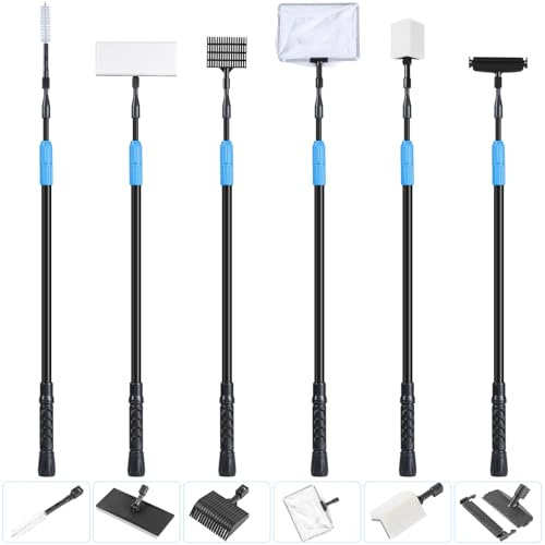 AquaMiracle 6 in 1 Aquarium Cleaning Tool Kit Fish Tank Cleaning Kit for 20-160 Gallon Tank with Telescopic Long Handle, Algae Scraper, Scrubber Pads, Tube Cleaner, Fish net, Gravel Rake