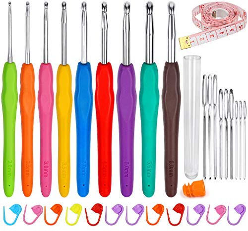 ZGTS Crochet Hooks Set, 9PCS Aluminum Knitting Needles Kit Ergonomic Soft Grip Handle for Arthritic Hands with Measuring Tape Stitch Markers and Sewing Needles