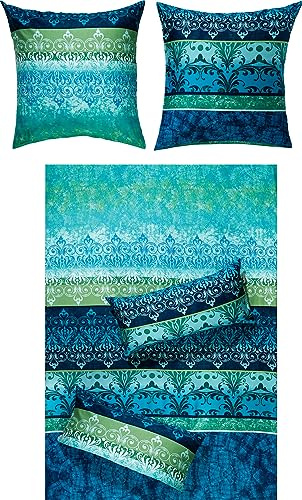 Erwin Müller Bettwäsche, Bettgarnitur, Bettbezug, Wende-Kissenbezug Mako-Satin orientalisch, blau Größe 80x80 cm / 200x200 cm - temperaturausgleichend, mit Reißverschluss