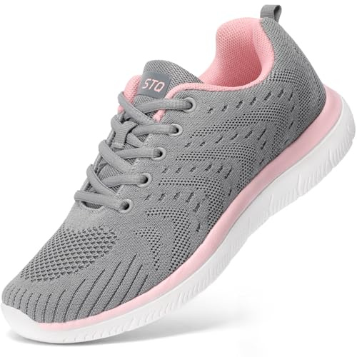 STQ Walking Shoes Women Tennis Shoes Breathable Mesh Running Athletic Workout Sneakers Ultra Lightweight Orthopedic Shoe for Gym Work Light Grey Pink Size 9