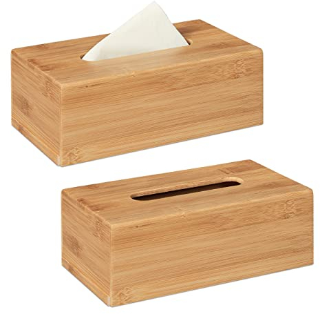 Relaxdays 2 x Kosmetiktuchbox, aus Bambus, Box für Kosmetik- & Taschentücher, Tücherbox nachfüllbar, Taschentuchbox, Natur