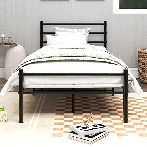 Diahomy Metallbett mit Lattenrost Bettrahmen Einzelbett Schwarz 90X200cm Metallbett 90 x 200 cm Minimalistischer Bettrahmen mit Kopfteil Gästebett mit Lattenrost für Schlafzimmer Gästezimmer