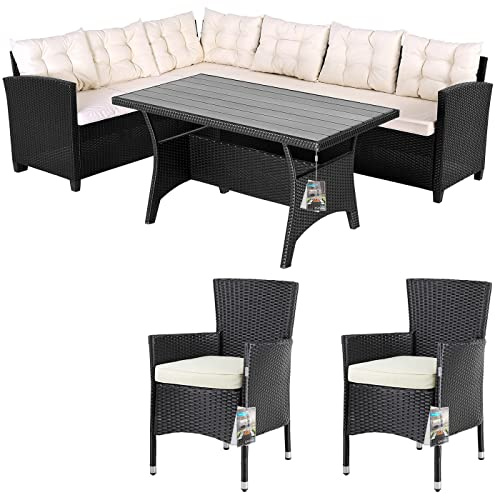 Casaria® Polyrattan Ecklounge Set WPC Esstisch Ecksofa 2 Gartenstühle Sitzauflagen Kissen Wetterfest Outdoor Lounge Garten Terrasse Balkon Möbel Schwarz