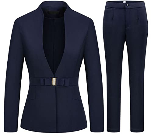 MODFUL Women's Business Pant Suit Set 2 Piece Slim Fit Blazer Jacket One Button Buckle Closure Lady Work Suit for Office (Blue, Medium)