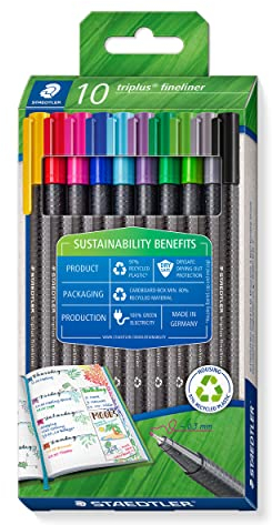 STAEDTLER dreikantiger Fineliner triplus, aus recyceltem Kunststoff, superfeine, metallgefasste 0,3 mm Spitze, lange Lebensdauer, 10 Fineliner in sortierten Farben im Kartonetui, 334 RC10