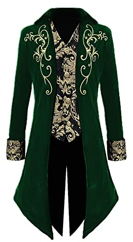 Apocrypha Mens Medieval Steampunk Tailcoat Victorian Prince Jacket Frock Coat, Green, XL