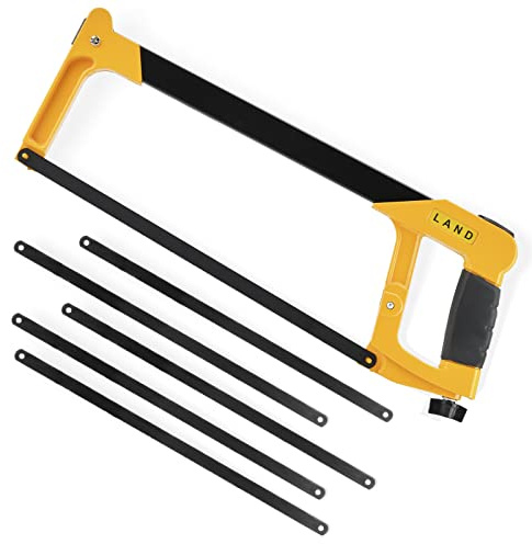 LAND 12 Inch Hacksaw - Heavy Duty Coping Saw with 5 Extra High-Carbon Steel Blade, for PVC, Pipe, Carpentry