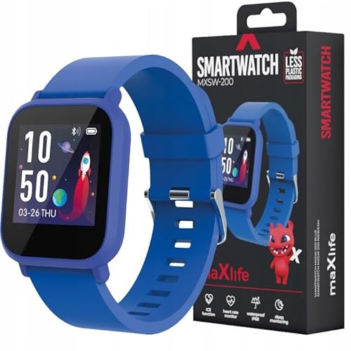 Maxlife smartwatch Kids MXSW-200 blå app Fit4Kid, 4 sportlägen, sömnövervakning, mångsidig användning, vattentät IP68, pulsövervakning, meddelanden, 4 urtavlor av klockan, väder