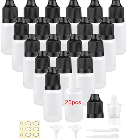 Apstaqeoo 20 st 20 ml droppflaskor i plast, tom klämbar flytande droppflaska ögondroppare monsterdispenser vit färg droppflaskor med lock, tratt, etikett, dropp för