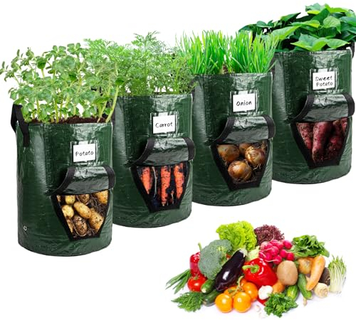 Qoosea 4 Piezas PE Bolsas de Cultivo Plantas, 10 Galones Bolsas para Plantas Biodegradables con Ventana de Velcro y Asas, 40L Bolsa de Siembra Transpirable para Papas Tomates Fresas (Verde)
