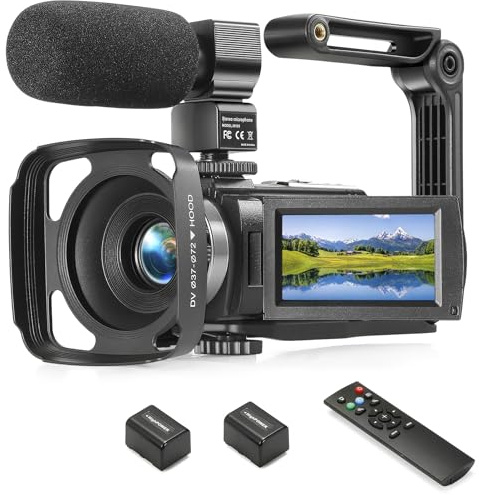 Camcorder FHD 1080P Video Camera for YouTube with 30FPS 36MP 3.0 Inch 270 Degree Rotation LCD, 16X Digital Zoom Vlogging Camera for Beginners with 2 Batteries Microphone, Remote, Stabilizer, Lens Hood