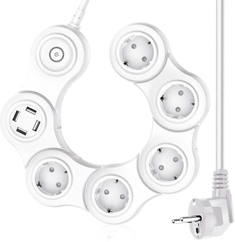 9-in-1 Steckdosenleiste Mehrfachsteckdose mit 4 USB, Schalter 5-Fach Verteilersteckdose, 3680W Steckerleiste Überspannungsschutz Schalter 16A Mehrfachstecker Steckdosen für Büro,1.5M,Weiß