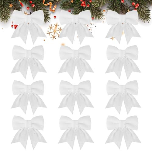 GXFCING 12 Stück Weihnachtsschleifen, Weiß Glitzer Schleifen Weihnachtsbaum, Bogen Schleife, Weihnachtsbaumschmuck Schleifen für Weihnachten Party, Weihnachtskranz, Weihnachtsbaum, 15x12cm